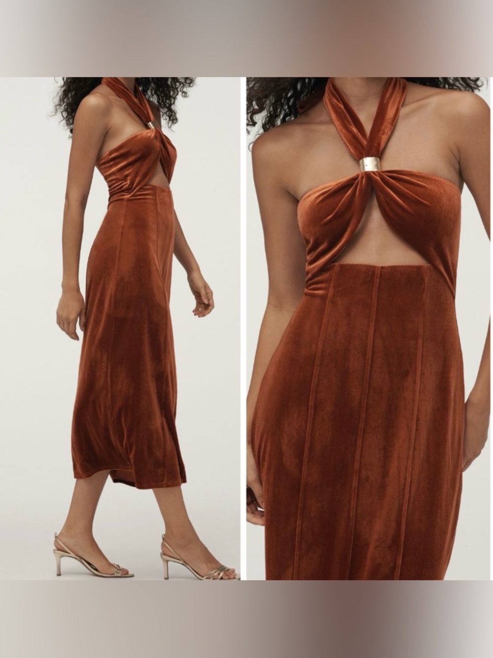 Anthropologie Flat White Velvet Halter Cutout Midi Dress, Size XL